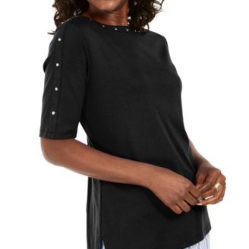 Karen Scott Sz S Studded Elbow Sleeve Top Blouse - Picture 5 of 5